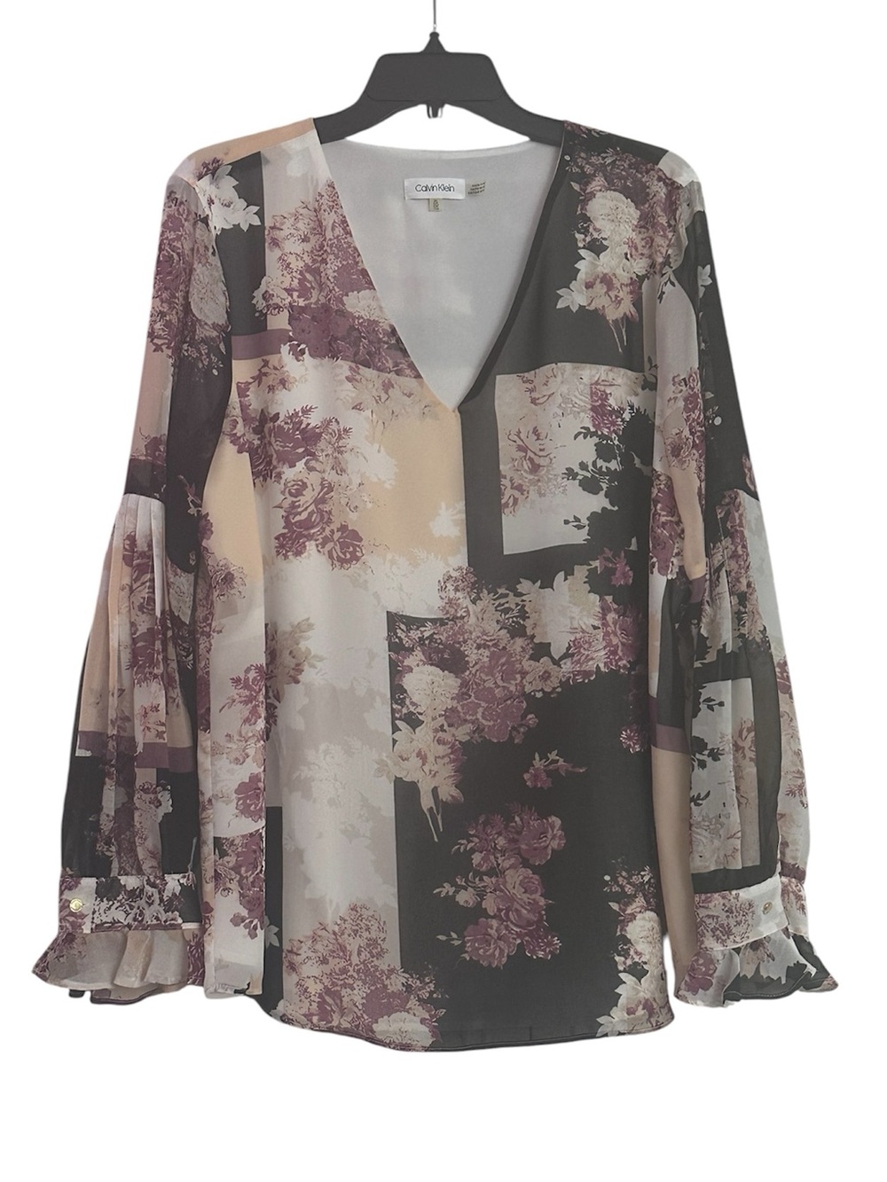 Calvin Klein Taupe & Plum Floral V-Neck Blouse Size XL